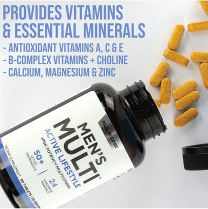 Rule 1 Men's Daily Multi - Vitamins, Essential Minerals, Superfoods, Digestive Enzymes, Amino Acids, & Antioxidants for Active Lifestyles and Wellness Support (90 Tablets, 30 Day Supply)