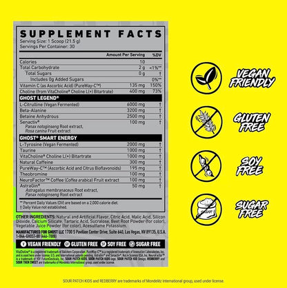 GHOST Legend Pre-Workout Powder, Sour Patch Kids Redberry - 30 Servings – Pre-Workout for Men & Women with Choline, L-Citrulline, & Beta Alanine for Energy & Focus