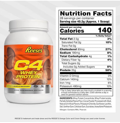 Cellucor C4 Whey Protein Powder, Reese's Peanut Butter & Chocolate - 25g Protein, 0g Added Sugar, 140 Calories Per Serving, Supports Muscle Recovery, 28 Servings, Premium Whey for Post-Workout