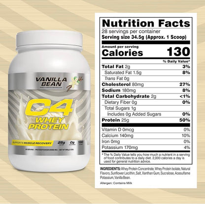 Cellucor C4 Whey Protein Powder, Reese's Peanut Butter & Chocolate - 25g Protein, 0g Added Sugar, 140 Calories Per Serving, Supports Muscle Recovery, 28 Servings, Premium Whey for Post-Workout