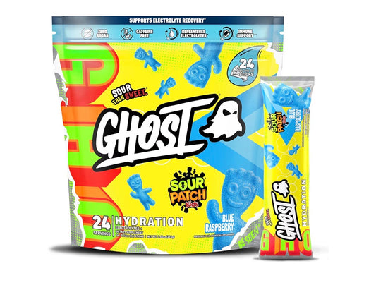 GHOST Hydration Packets, Sour Patch Kids Blue Raspberry, 24 Sticks, Electrolyte Powder